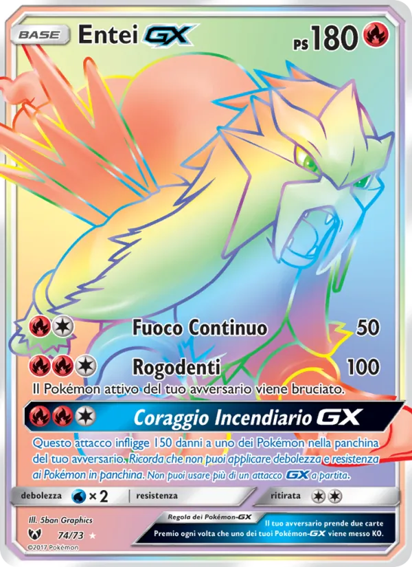 Carta Entei GX dell'espansione Leggende Iridescenti, numero 74/73