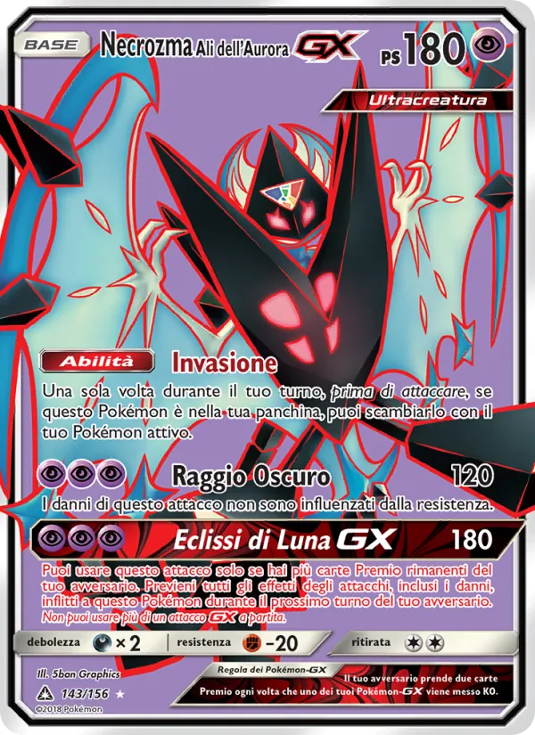 Carta Necrozma Ali dell’Aurora GX dell'espansione Ultraprisma, numero 143/156