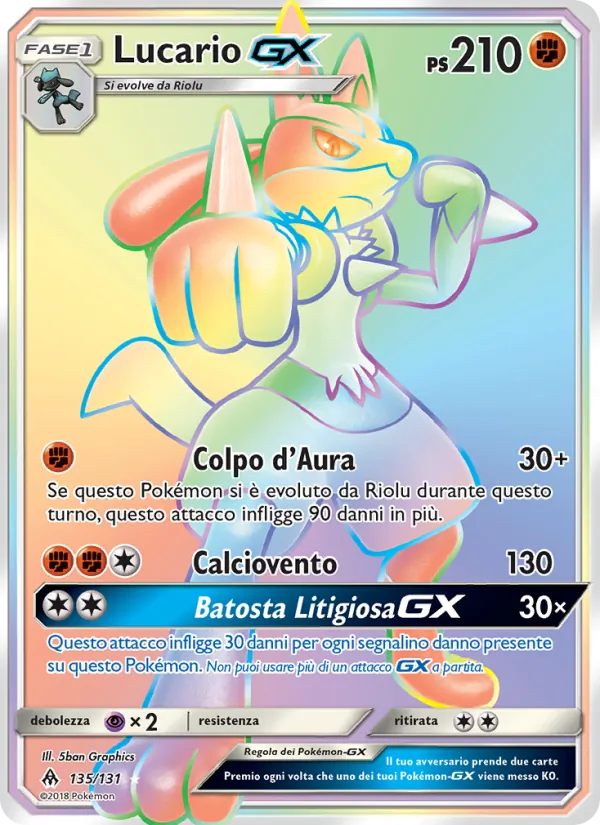 Carta Lucario GX dell'espansione Apocalisse Di Luce, numero 135/131