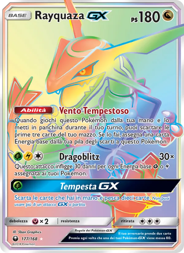 Carta Rayquaza GX dell'espansione Tempesta Astrale, numero 177/168