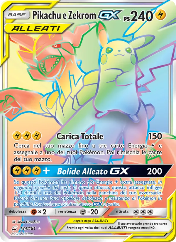 Carta Pikachu e Zekrom GX dell'espansione Gioco di Squadra, numero 184/181