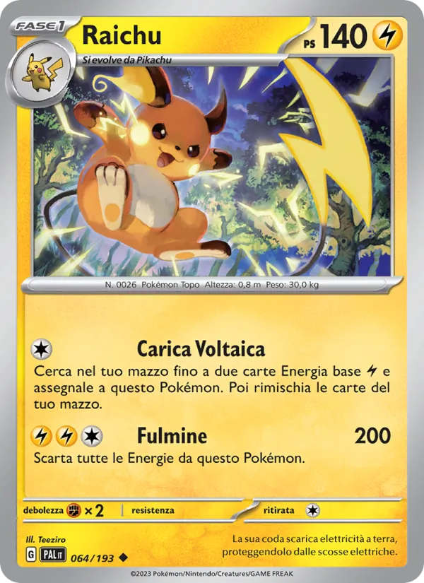 Carta Raichu dell'espansione Evoluzioni a Paldea, numero 064/193
