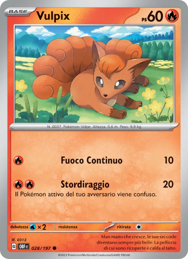 Carta Vulpix dell'espansione Ossidiana Infuocata, numero 028/197