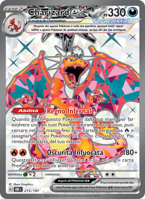 Carta Charizard-ex dell'espansione Ossidiana Infuocata, numero 215/197