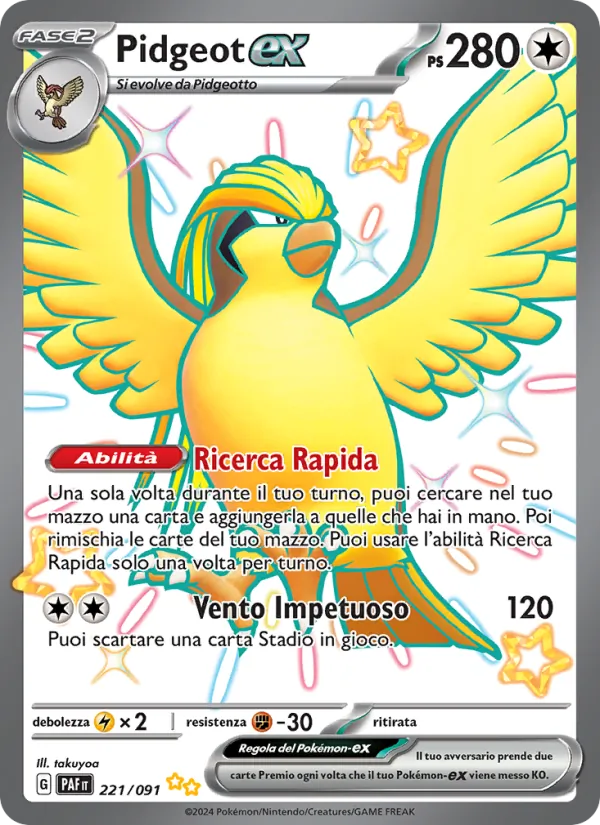 Carta Pidgeot-ex dell'espansione Destino di Paldea, numero 221/91