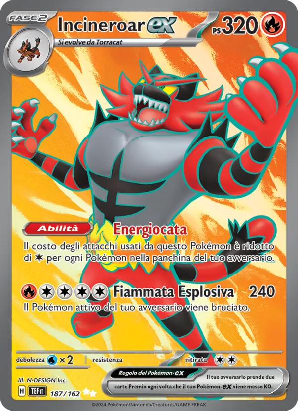 Carta Incineroar-ex dell'espansione Cronoforze, numero 187/162