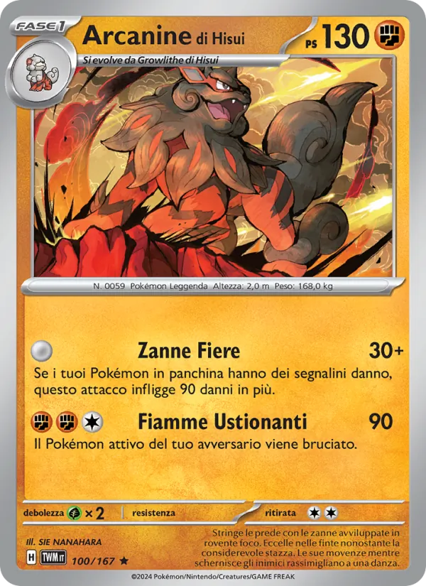 Carta Arcanine di Hisui dell'espansione Crepuscolo Mascherato, numero 100/167