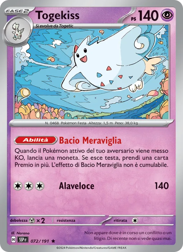 Carta Togekiss dell'espansione Scintille Folgoranti, numero 072/191