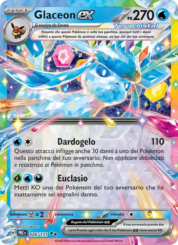 Carta Glaceon-ex dell'espansione Evoluzioni Prismatiche, numero 026/131