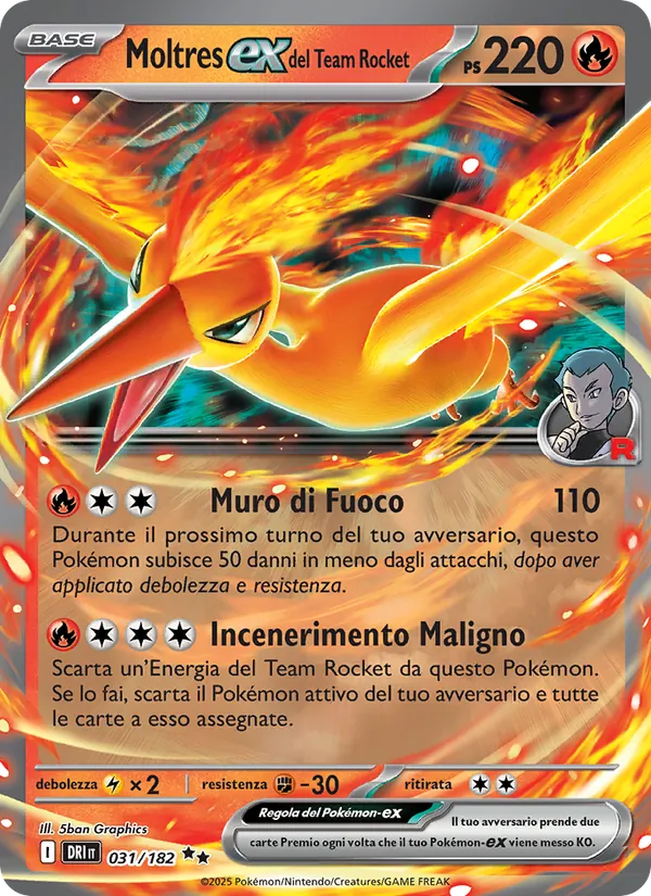 Carta Moltres-ex del Team Rocket dell'espansione Rivali Predestinati, numero 031/182