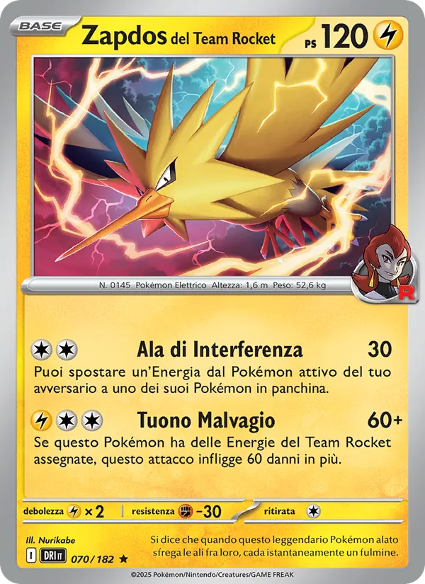 Carta Zapdos del Team Rocket dell'espansione Rivali Predestinati, numero 070/182