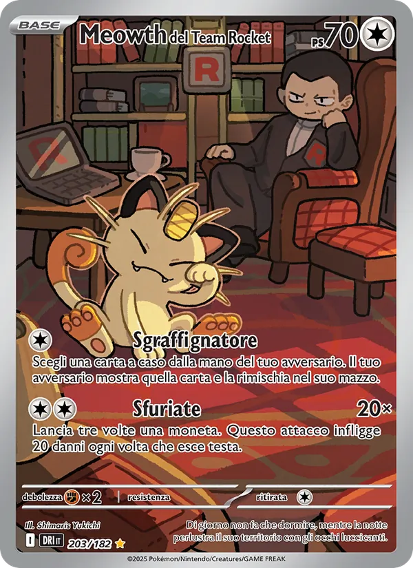 Carta Meowth del Team Rocket dell'espansione Rivali Predestinati, numero 203/182