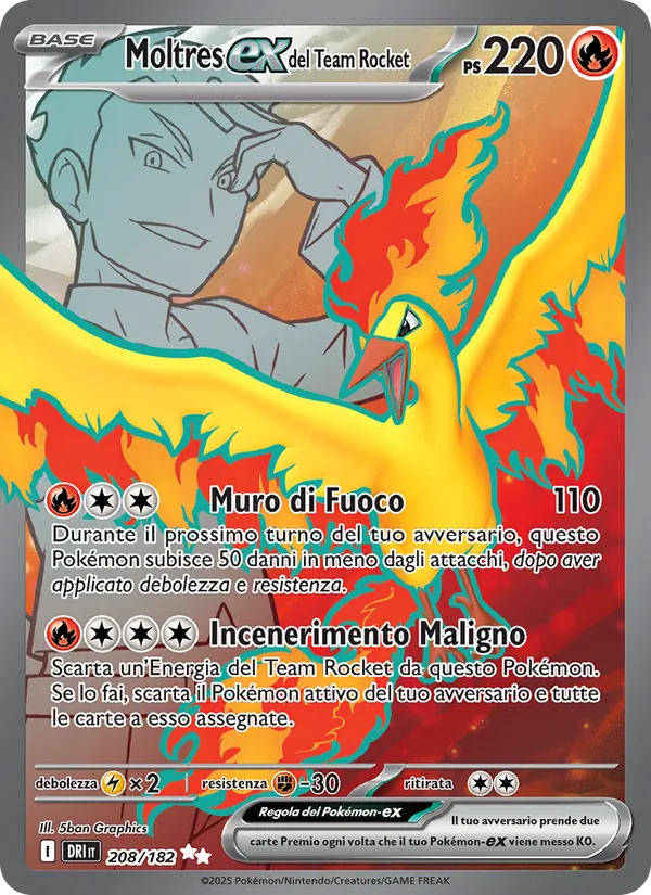 Carta Moltres-ex del Team Rocket dell'espansione Rivali Predestinati, numero 208/182