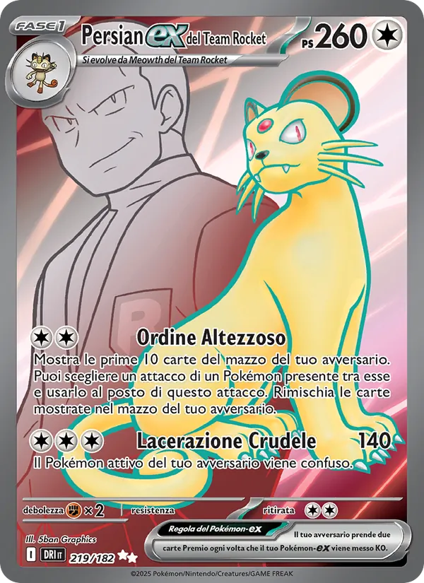 Carta Persian-ex del Team Rocket dell'espansione Rivali Predestinati, numero 219/182