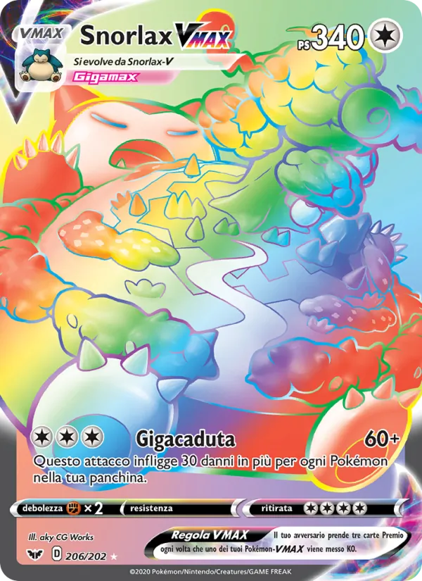 Carta Snorlax VMAX dell'espansione Spada e Scudo, numero 206/202