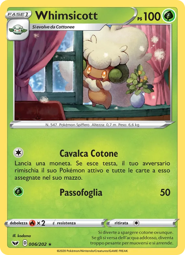 Carta Whimsicott dell'espansione Spada e Scudo, numero 6/202