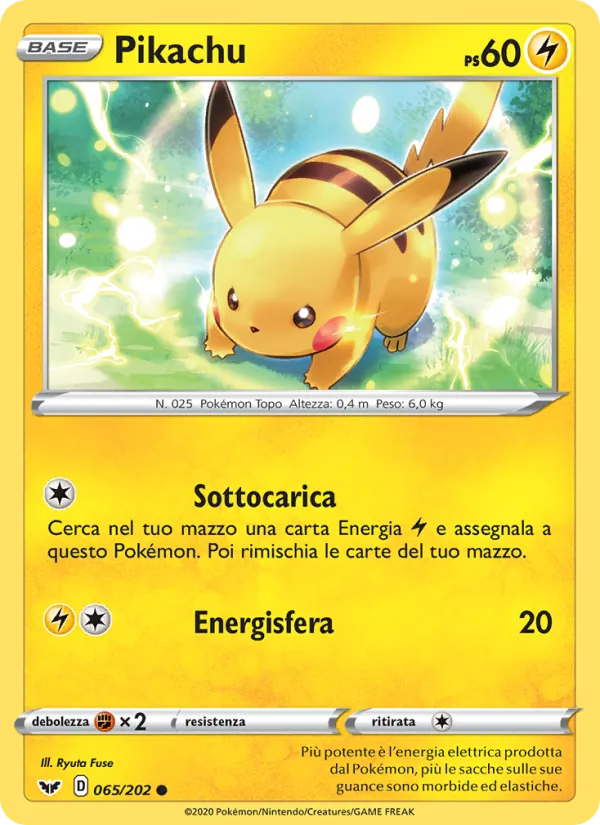 Carta Pikachu dell'espansione Spada e Scudo, numero 65/202