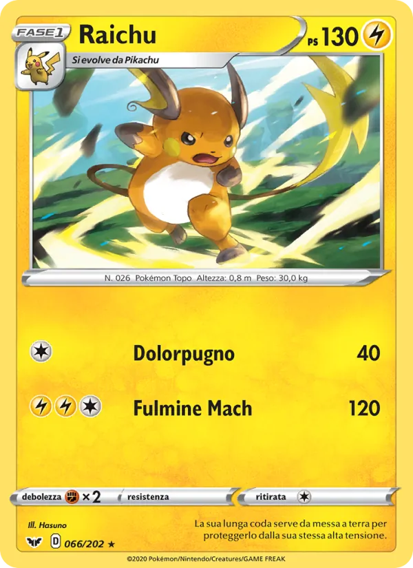 Carta Raichu dell'espansione Spada e Scudo, numero 66/202
