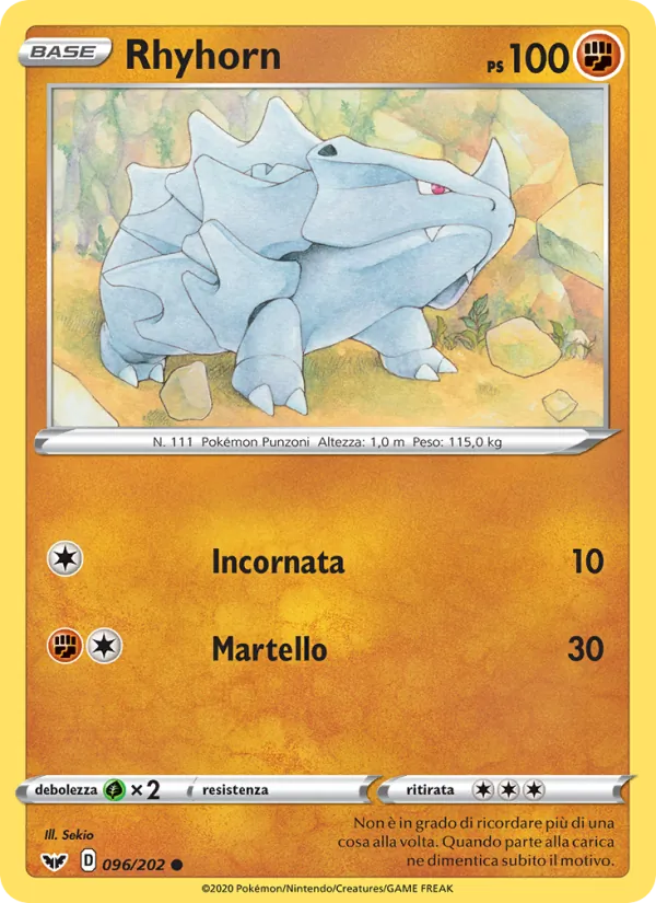 Carta Rhyhorn dell'espansione Spada e Scudo, numero 96/202