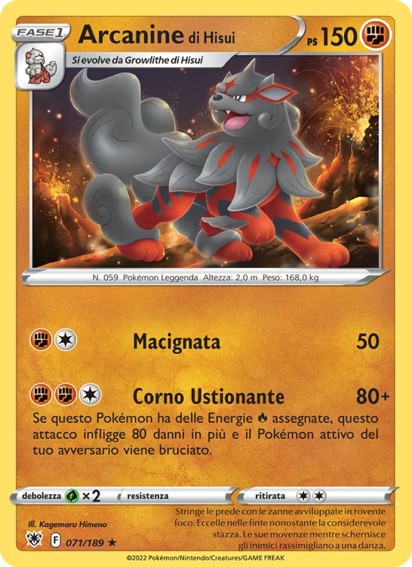 Carta Arcanine di Hisui dell'espansione Lucentezza Siderale, numero 071/189
