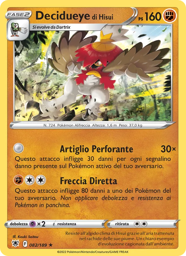 Carta Decidueye di Hisui dell'espansione Lucentezza Siderale, numero 082/189