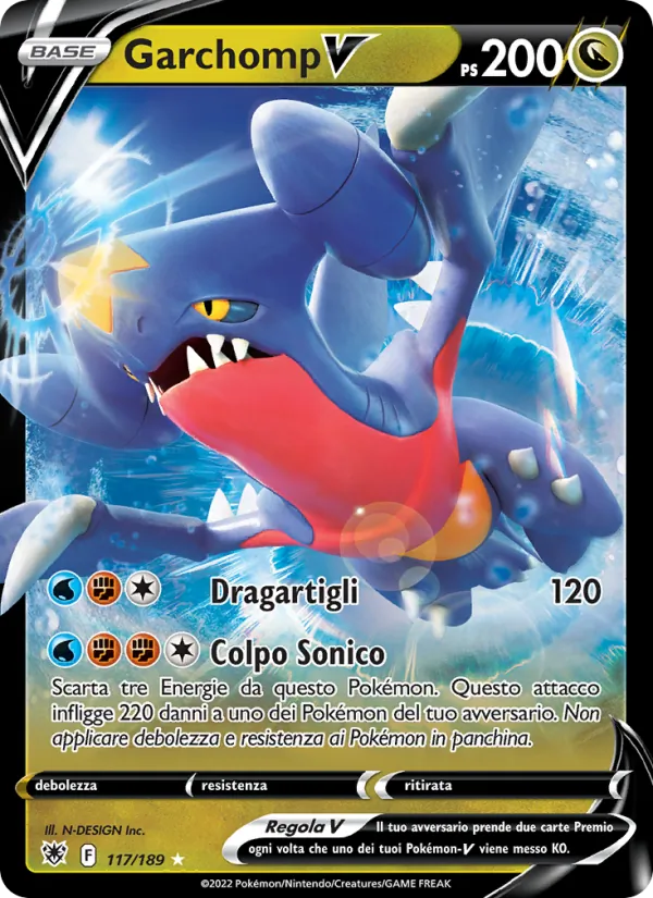 Carta Garchomp V dell'espansione Lucentezza Siderale, numero 117/189