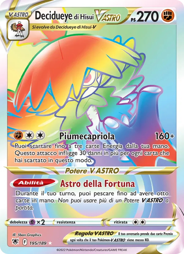 Carta Decidueye di Hisui V ASTRO dell'espansione Lucentezza Siderale, numero 195/189