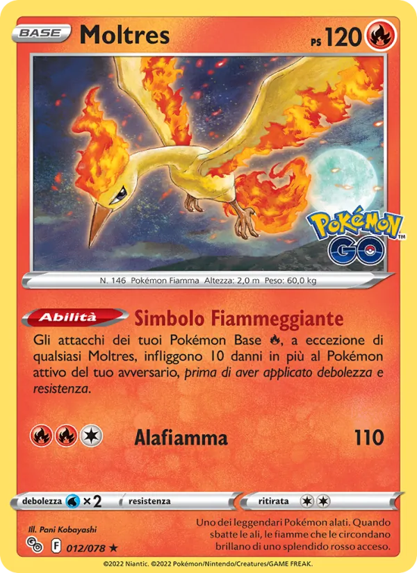 Carta Moltres dell'espansione Pokémon GO, numero 012/78