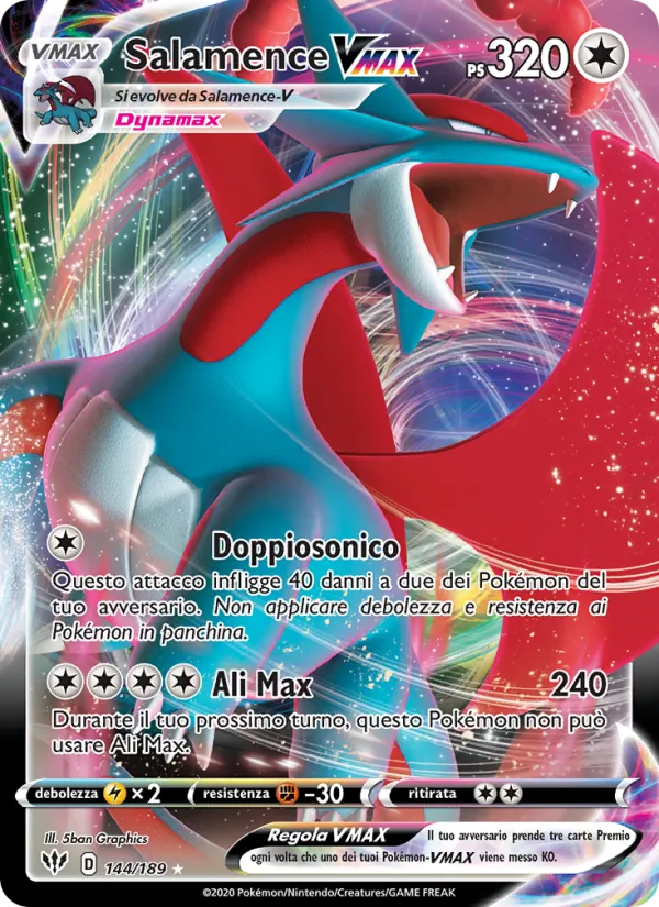 Carta Salamence VMAX dell'espansione Fiamme Oscure, numero 144/189