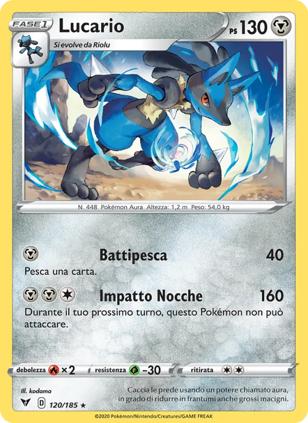 Carta Lucario dell'espansione Voltaggio Sfolgorante, numero 120/185