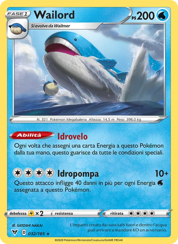 Carta Wailord dell'espansione Voltaggio Sfolgorante, numero 32/185