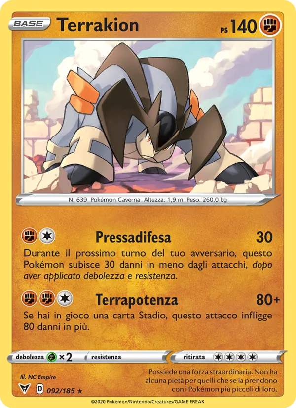 Carta Terrakion dell'espansione Voltaggio Sfolgorante, numero 92/185