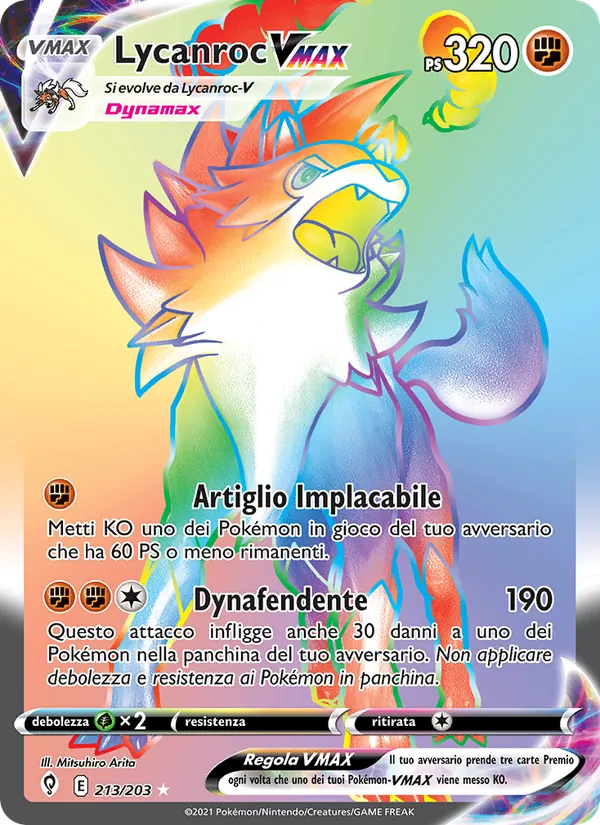 Carta Lycanroc VMAX dell'espansione Evoluzioni Eteree, numero 213/203