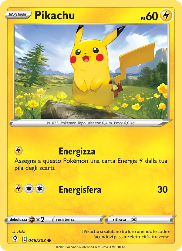 Carta Pikachu dell'espansione Evoluzioni Eteree, numero 49/203