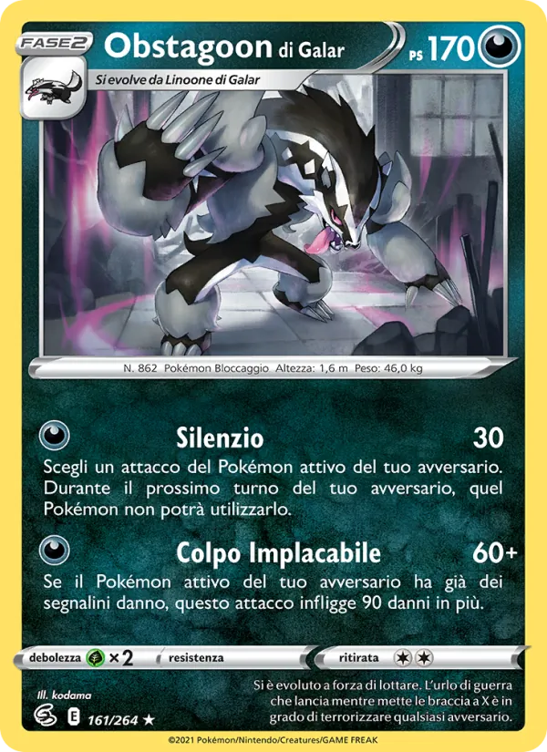 Carta Obstagoon di Galar dell'espansione Colpo Fusione, numero 161/264