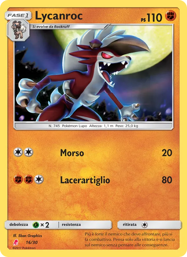 Carta Lycanroc dell'espansione Sole e Luna trainer Kit (Lycanroc), numero 16/30