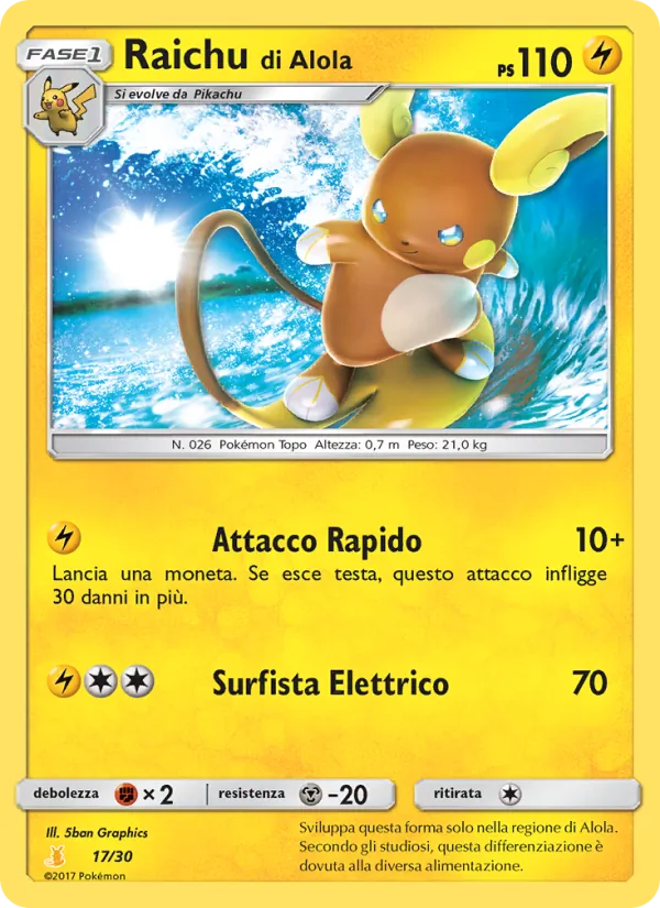 Carta Raichu di Alola dell'espansione Sole e Luna trainer Kit (Alolan Raichu), numero 17/30