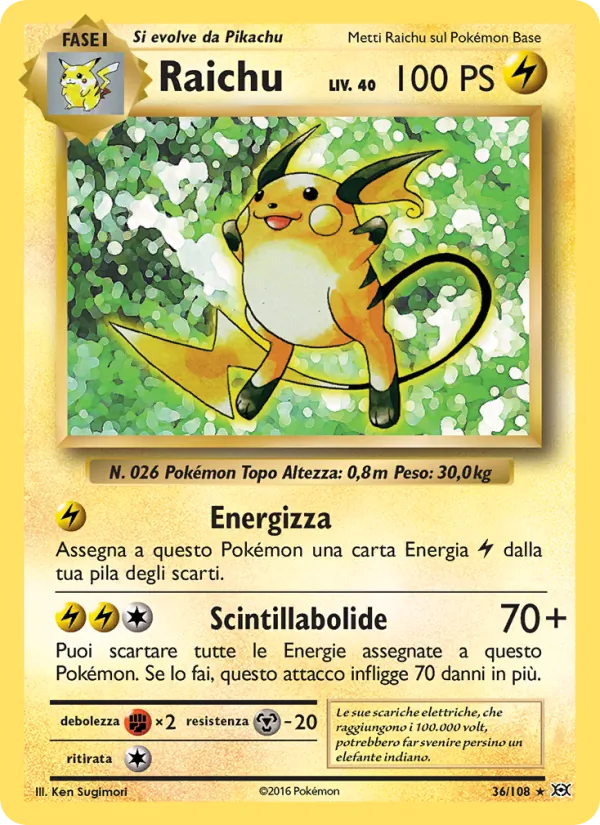 Carta Raichu dell'espansione Evoluzioni, numero 36/108