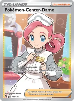 Karte Pokémon-Center-Dame aus Farbenschock, Nummer 185/185