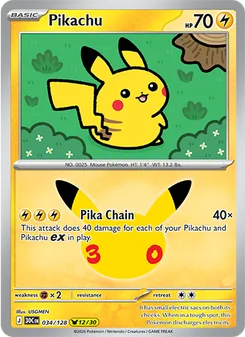 Pikachu card from 30th Celebration, number 034/128