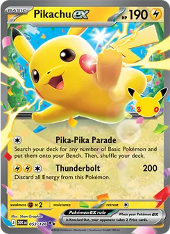 Pikachu ex card from 30th Celebration, number 053/128