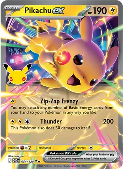 Pikachu ex card from 30th Celebration, number 054/128