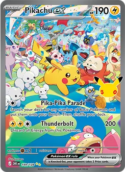 Pikachu ex card from 30th Celebration, number 149/128