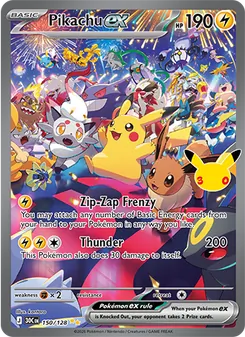 Pikachu ex card from 30th Celebration, number 150/128