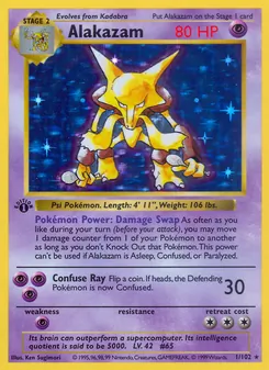 Alakazam card from Base Set, number 1/102