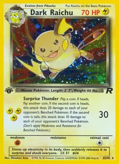 Dark Raichu card from Team Rocket, number 83/82