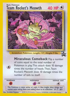 Team Rocket's Meowth card from Wizards Black Star Promos, number 18/53