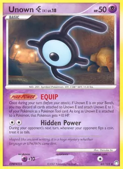 Unown E card from Mysterious Treasures, number 65/123