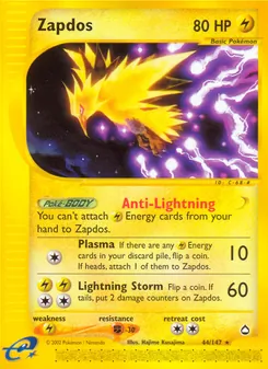 Zapdos card from Aquapolis, number 44/147