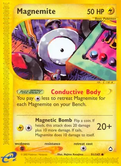 Magnemite card from Aquapolis, number 91/147